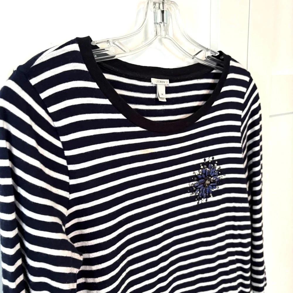J. Crew Women's Beaded Detail Striped Cotton Long Sleeved Tee Shirt in‎ Size M